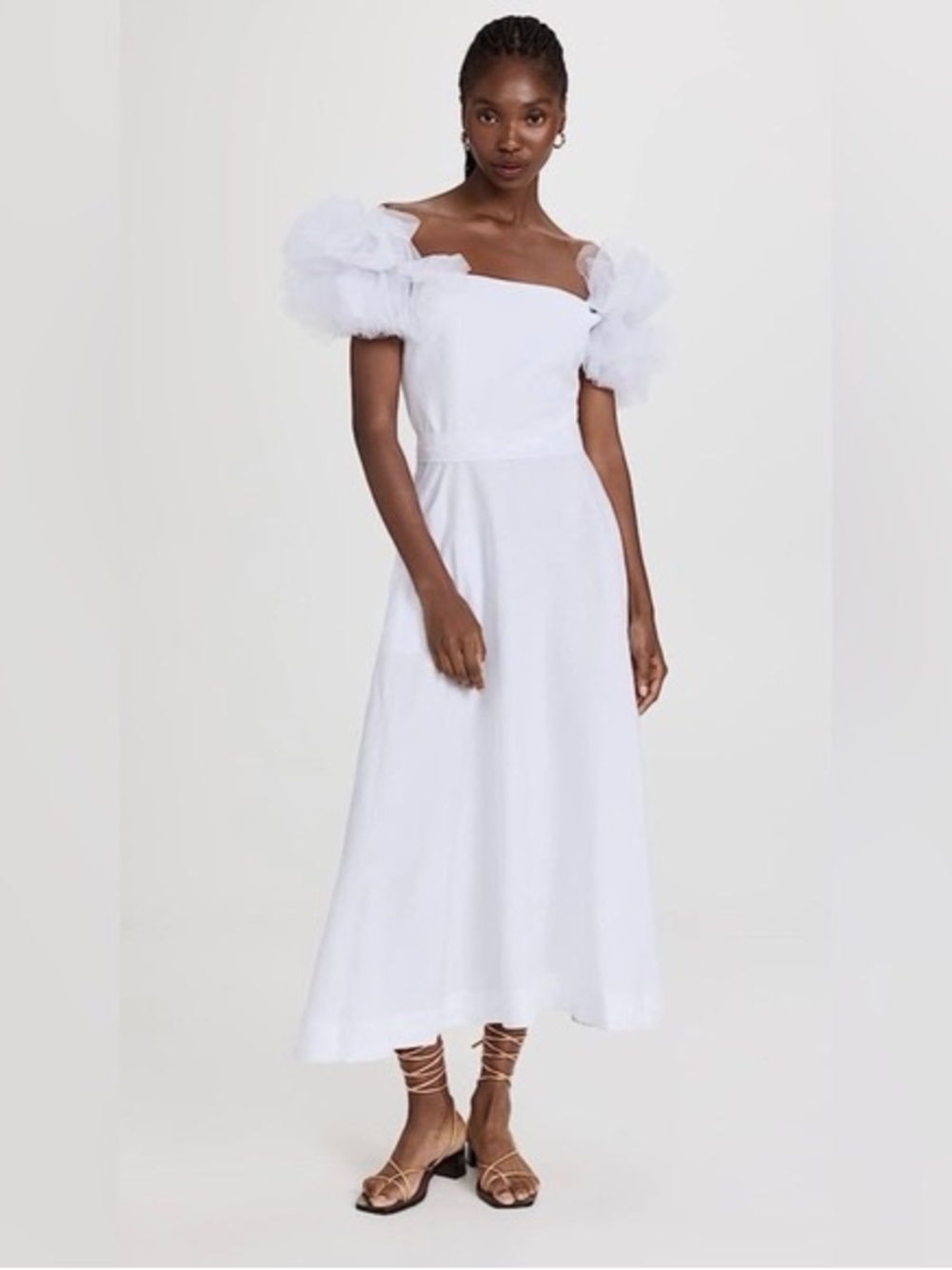 Fanm Mon White One-Shoulder Puff-Sleeve Midi Dress